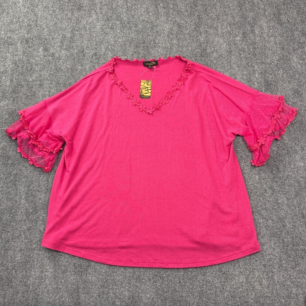 Suzanne Betro Womens 4X Tunic Top Fuchsia Crochet Trim V Neck Mesh Sleeve NWT